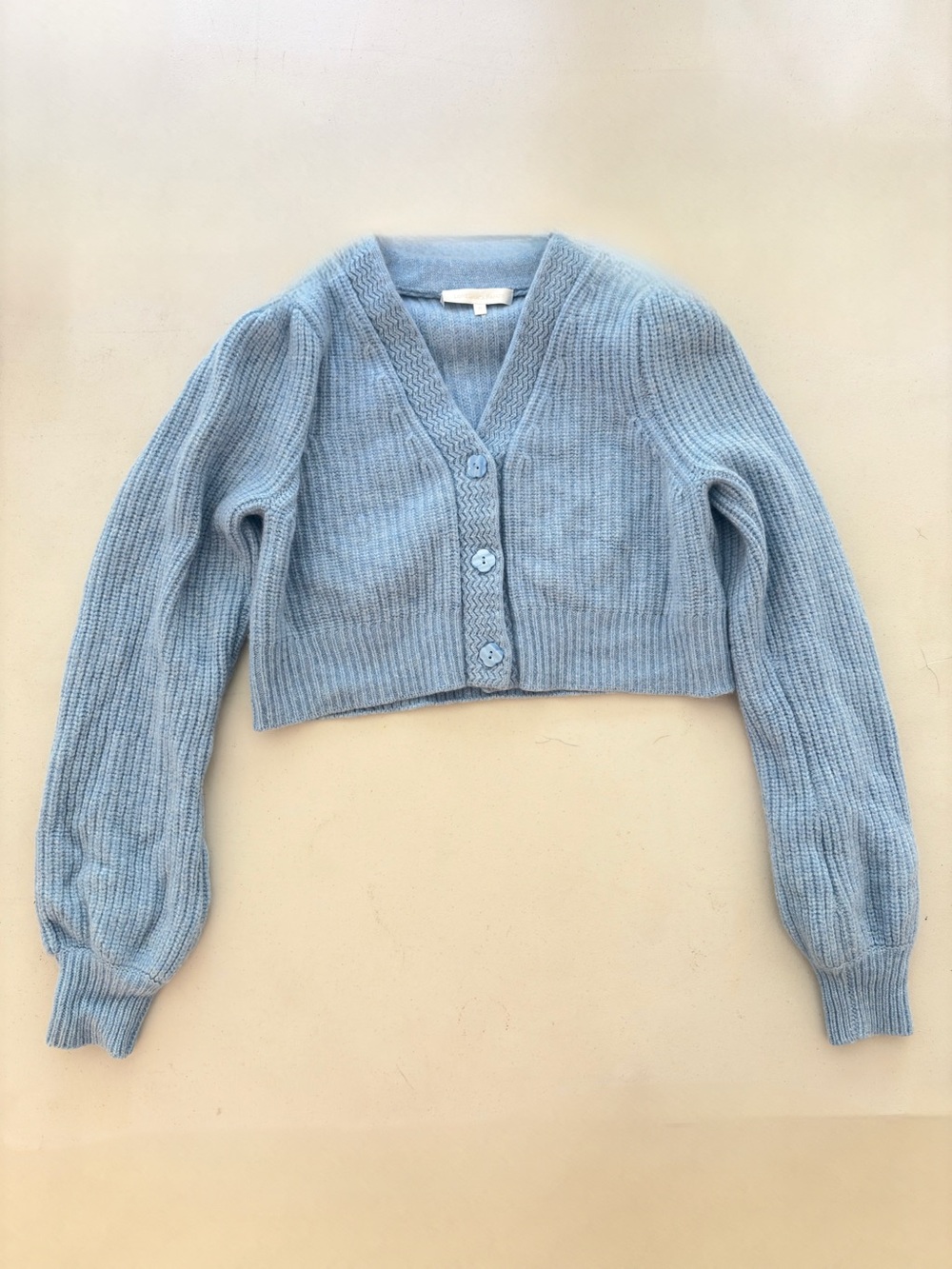 LoveShackFancy Blue Cropped Cardigan XS Wool Cashmere Puff Sleeve